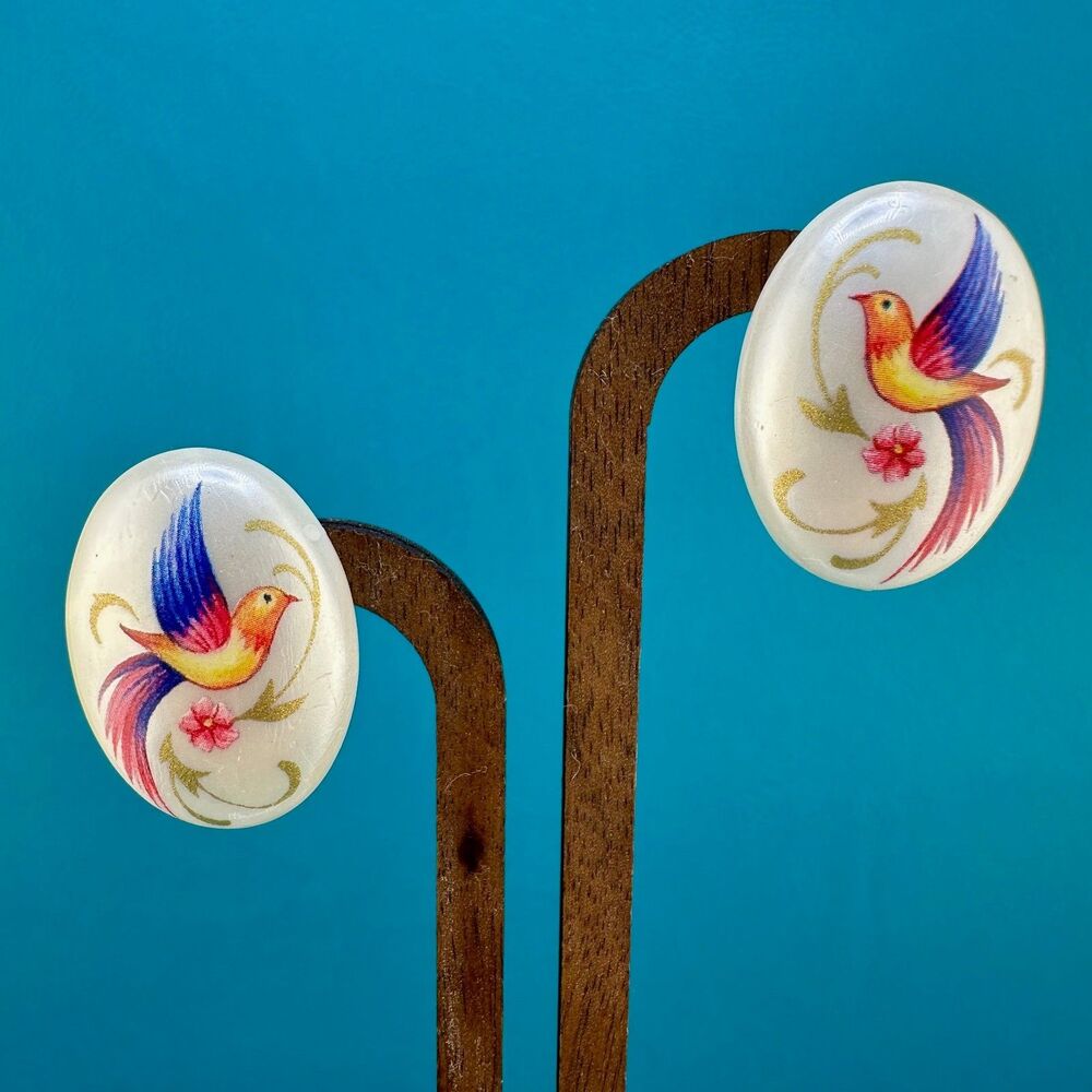 Bird Of Paradise Earrings AVON Pretty Plume Pearlescent Acrylic Clip On Vintage